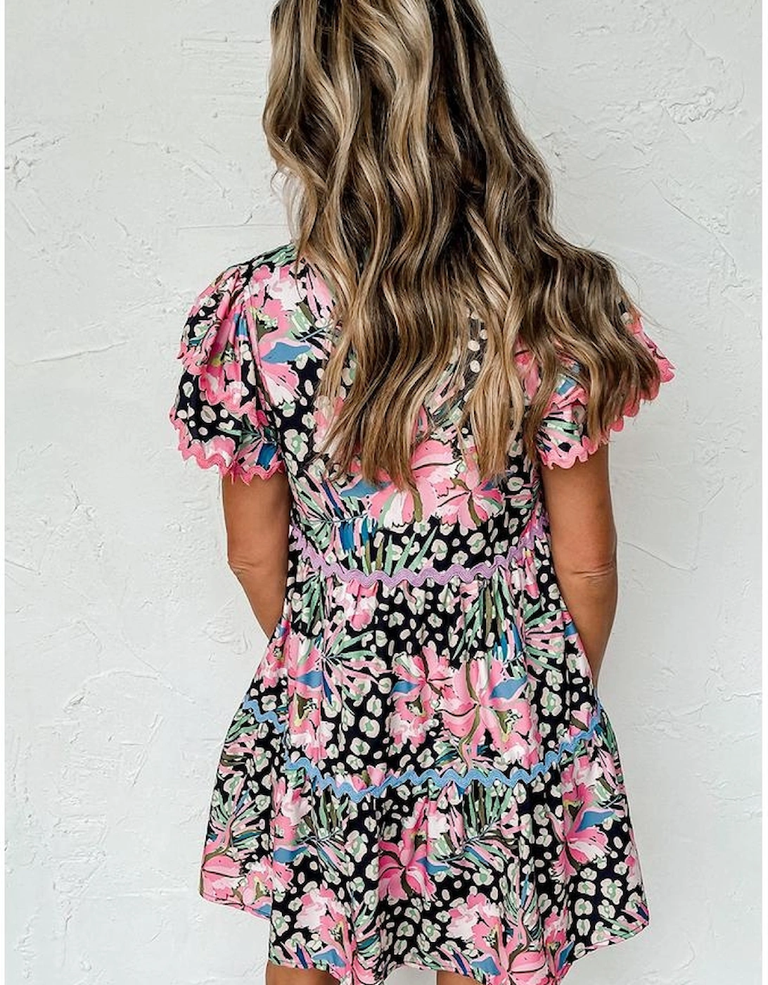 Pink Leopard Floral Print Wavy Embellished Mini Dress