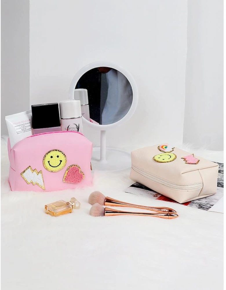 Pink Smiley Face Chenille Patched PU Zipper Makeup Bag