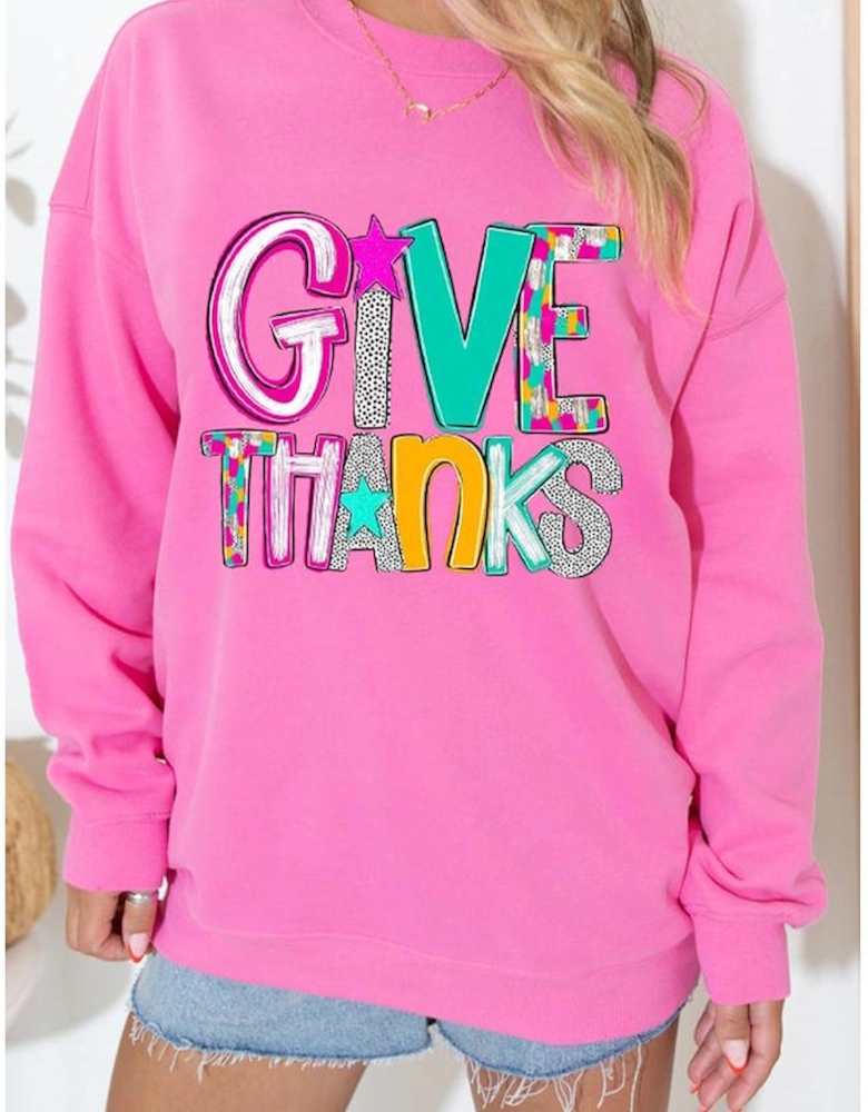 Bonbon GIVE THANKS Graphic Drop Shoulder Thanksgiving Pullover Sweatshirt