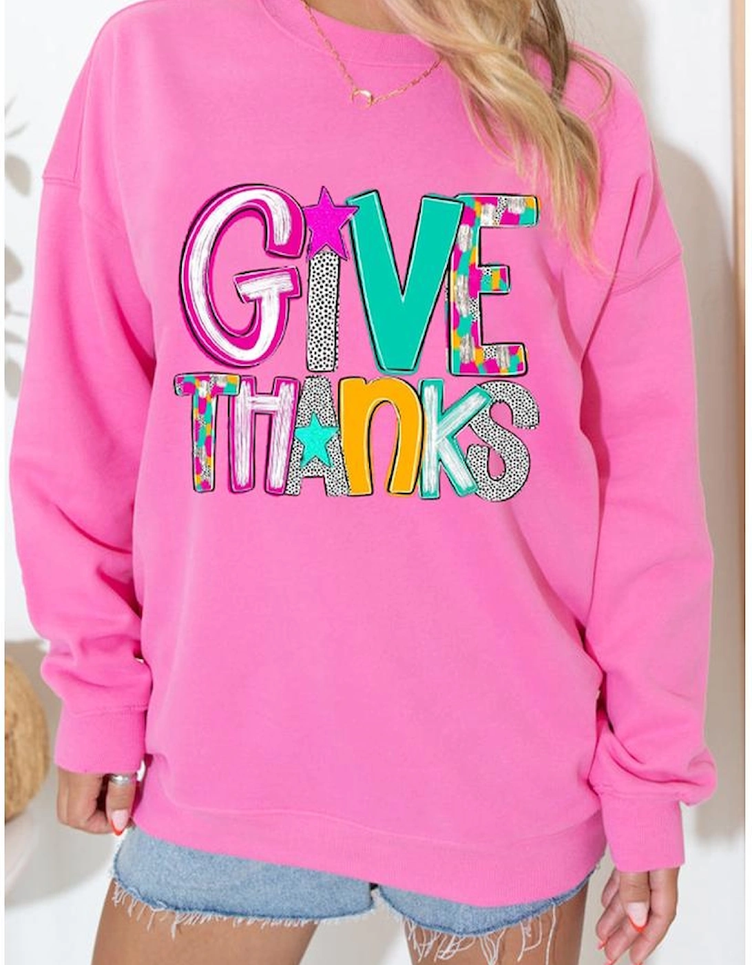 Bonbon GIVE THANKS Graphic Drop Shoulder Thanksgiving Pullover Sweatshirt