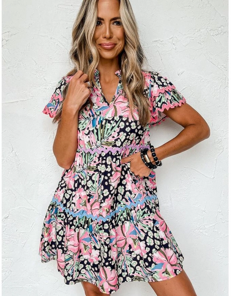 Pink Leopard Floral Print Wavy Embellished Mini Dress