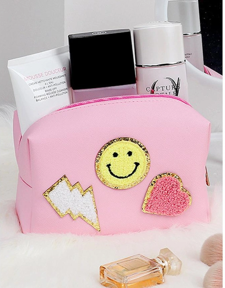 Pink Smiley Face Chenille Patched PU Zipper Makeup Bag