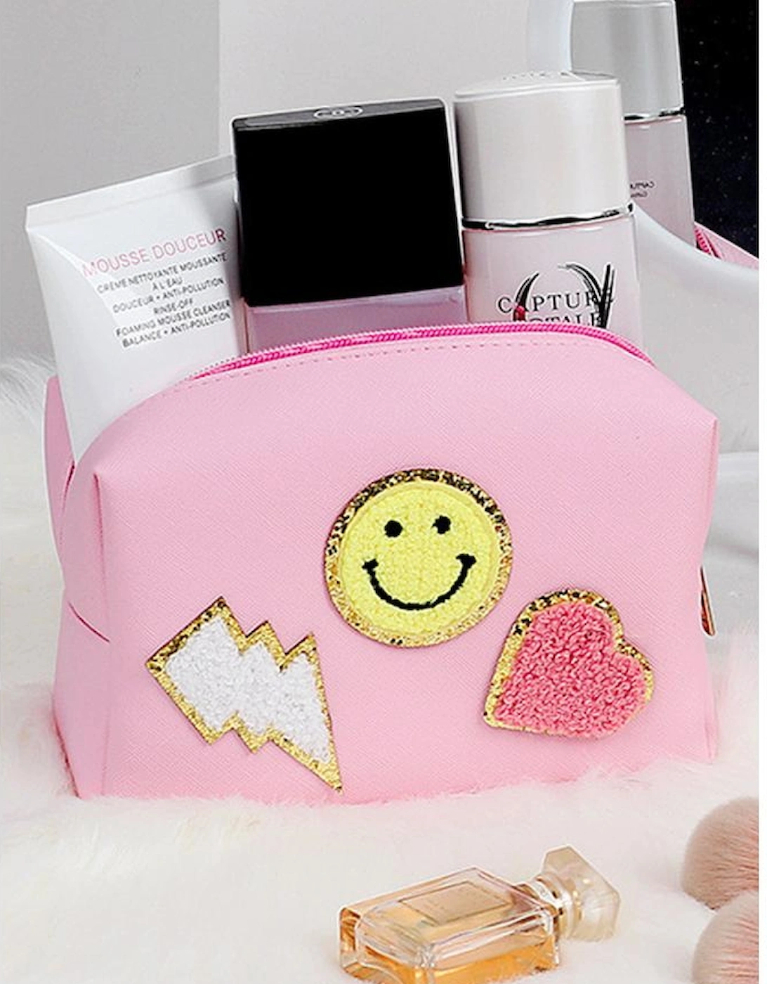 Pink Smiley Face Chenille Patched PU Zipper Makeup Bag, 6 of 5