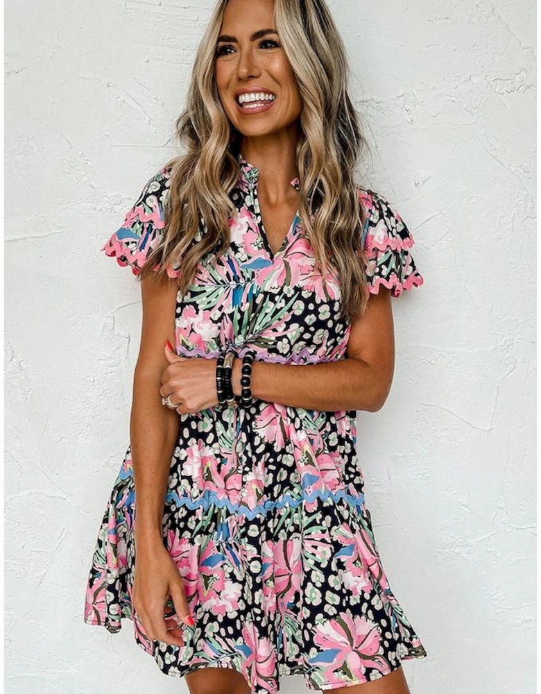 Pink Leopard Floral Print Wavy Embellished Mini Dress