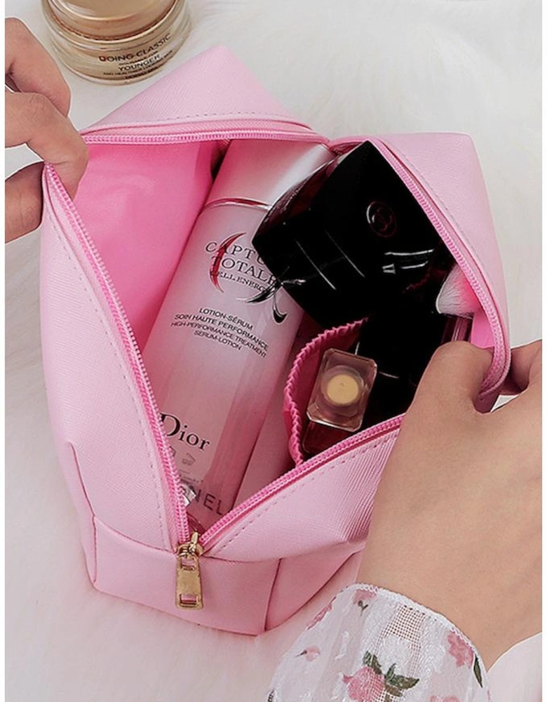 Pink Smiley Face Chenille Patched PU Zipper Makeup Bag