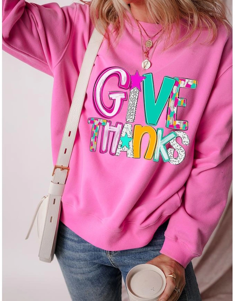Bonbon GIVE THANKS Graphic Drop Shoulder Thanksgiving Pullover Sweatshirt