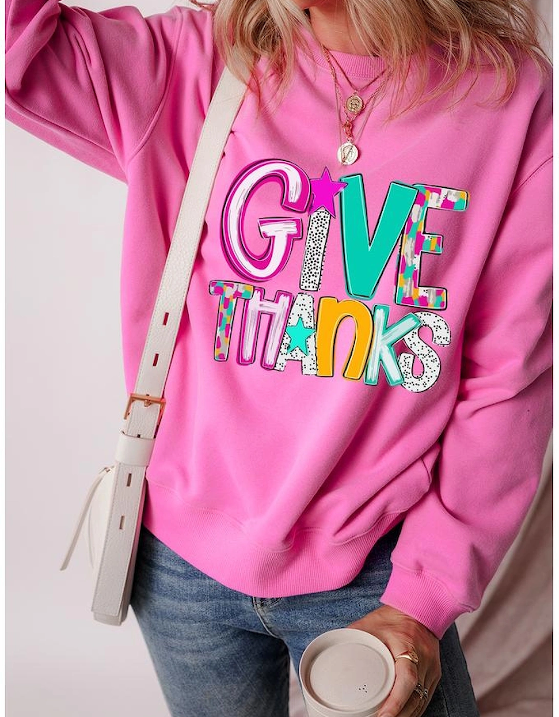 Bonbon GIVE THANKS Graphic Drop Shoulder Thanksgiving Pullover Sweatshirt