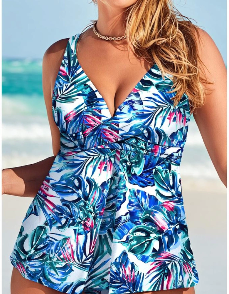 Green Floral Print Padded V Neck Tankini Top
