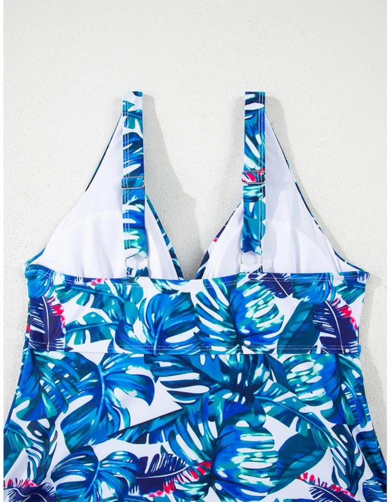 Green Floral Print Padded V Neck Tankini Top