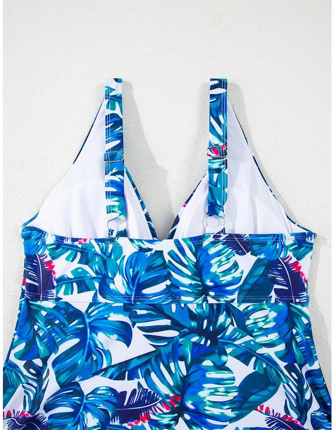 Green Floral Print Padded V Neck Tankini Top