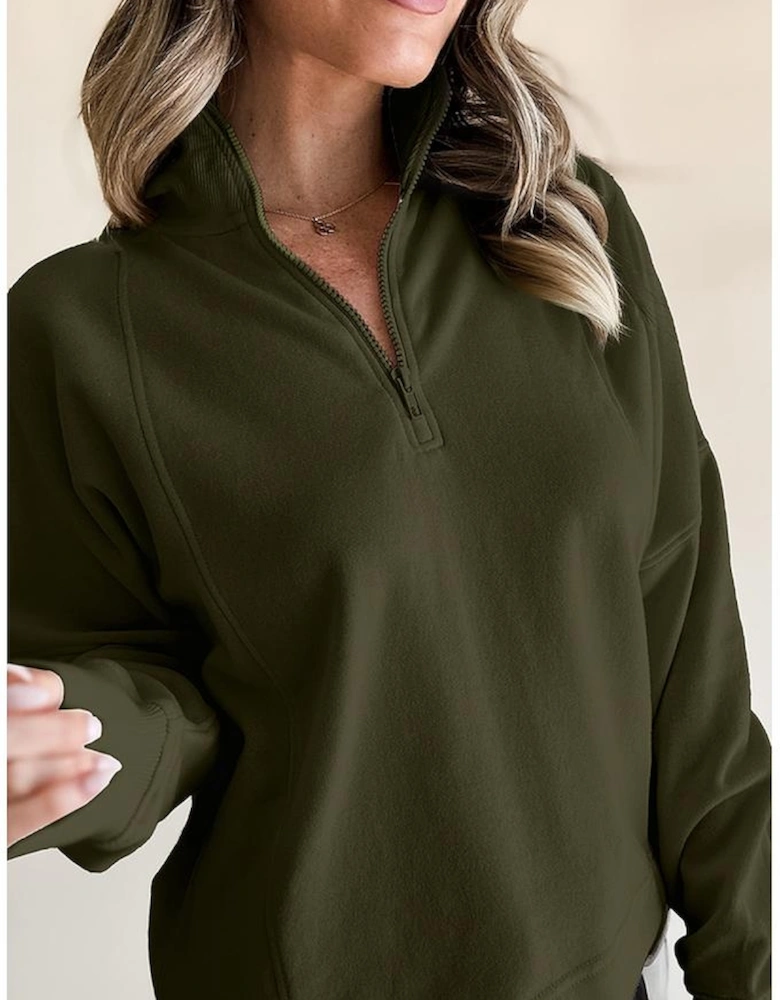 Jungle Green Zipped Neck Pullover Drop Shoulder Sweatshirt