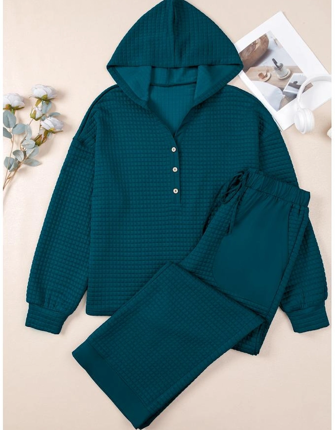 Skobeloff Waffled Textured Raw Edge Patchwork 2pcs Loose Pant Set