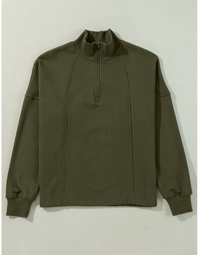 Jungle Green Zipped Neck Pullover Drop Shoulder Sweatshirt