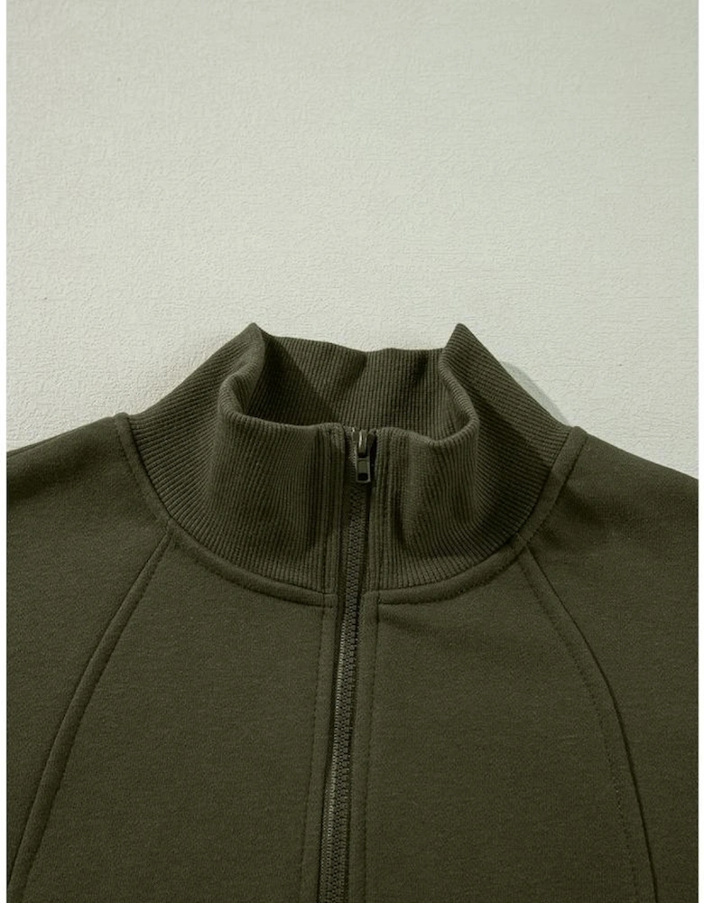 Jungle Green Zipped Neck Pullover Drop Shoulder Sweatshirt
