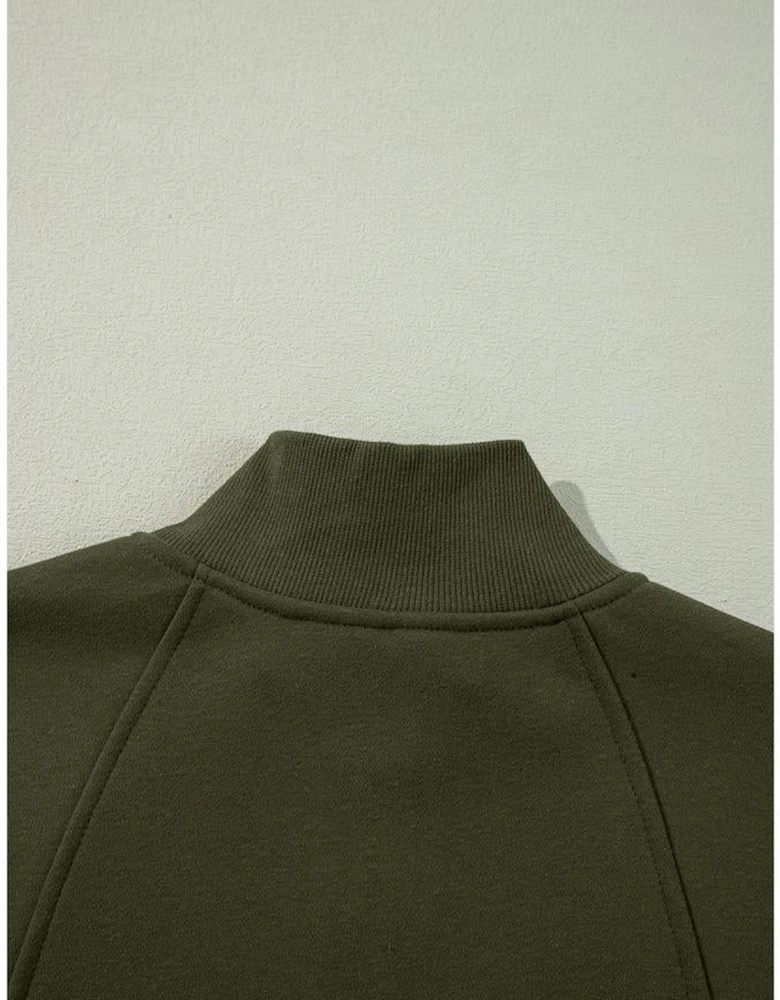 Jungle Green Zipped Neck Pullover Drop Shoulder Sweatshirt