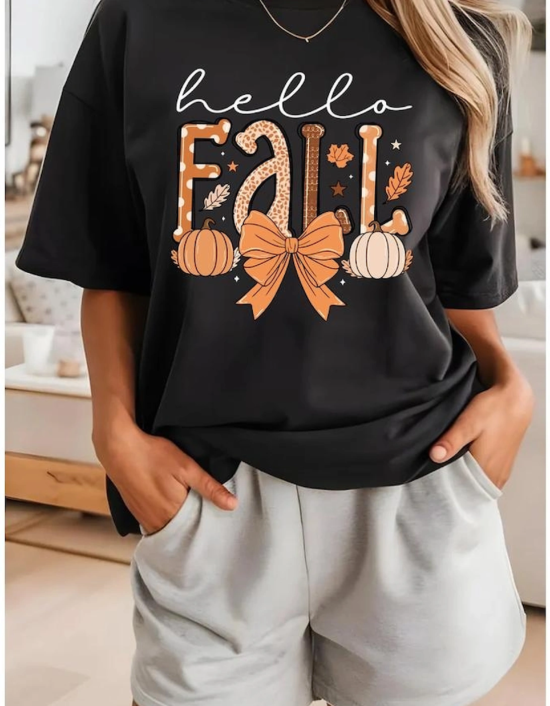 Black Hello Fall Thanksgiving Bow Pumpkin Graphic Tee, 9 of 8