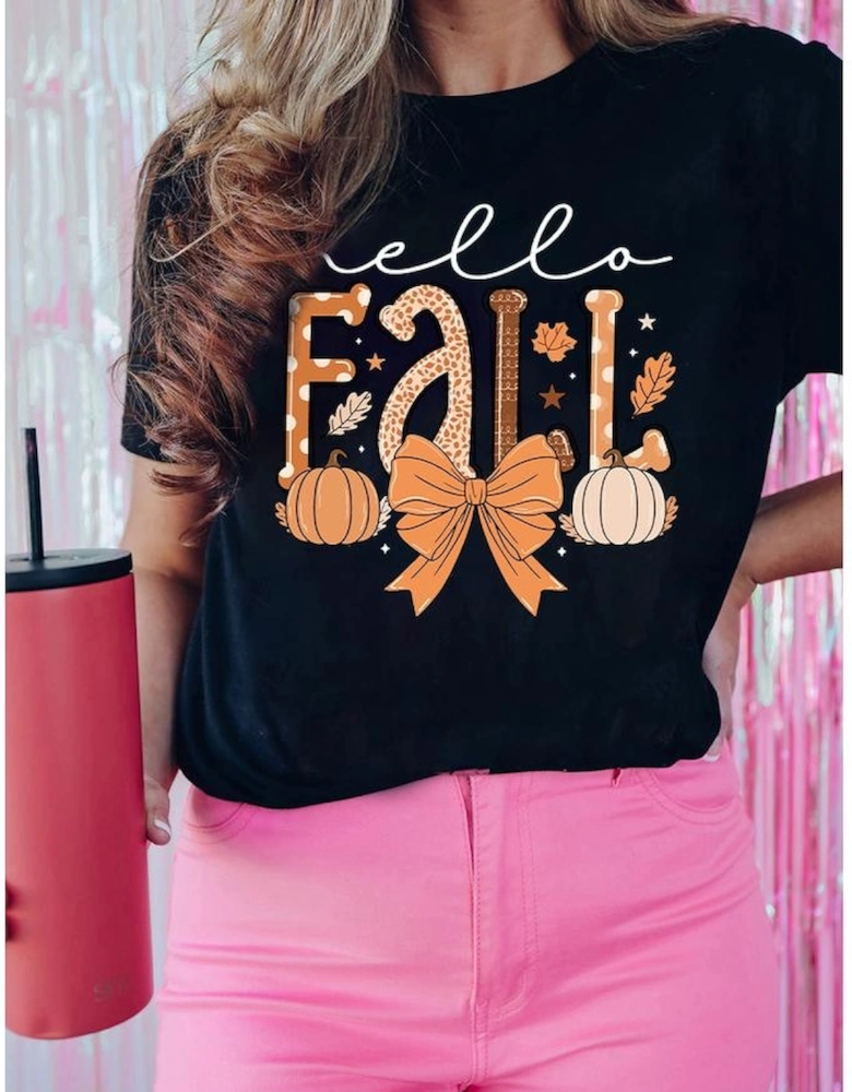Black Hello Fall Thanksgiving Bow Pumpkin Graphic Tee