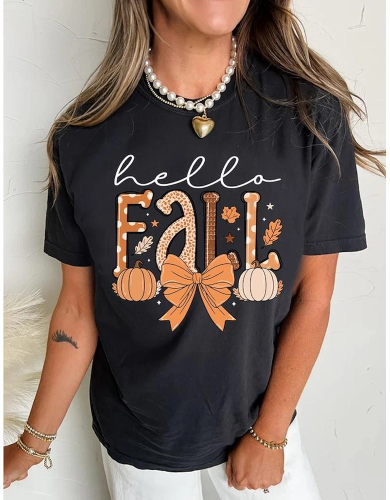 Black Hello Fall Thanksgiving Bow Pumpkin Graphic Tee