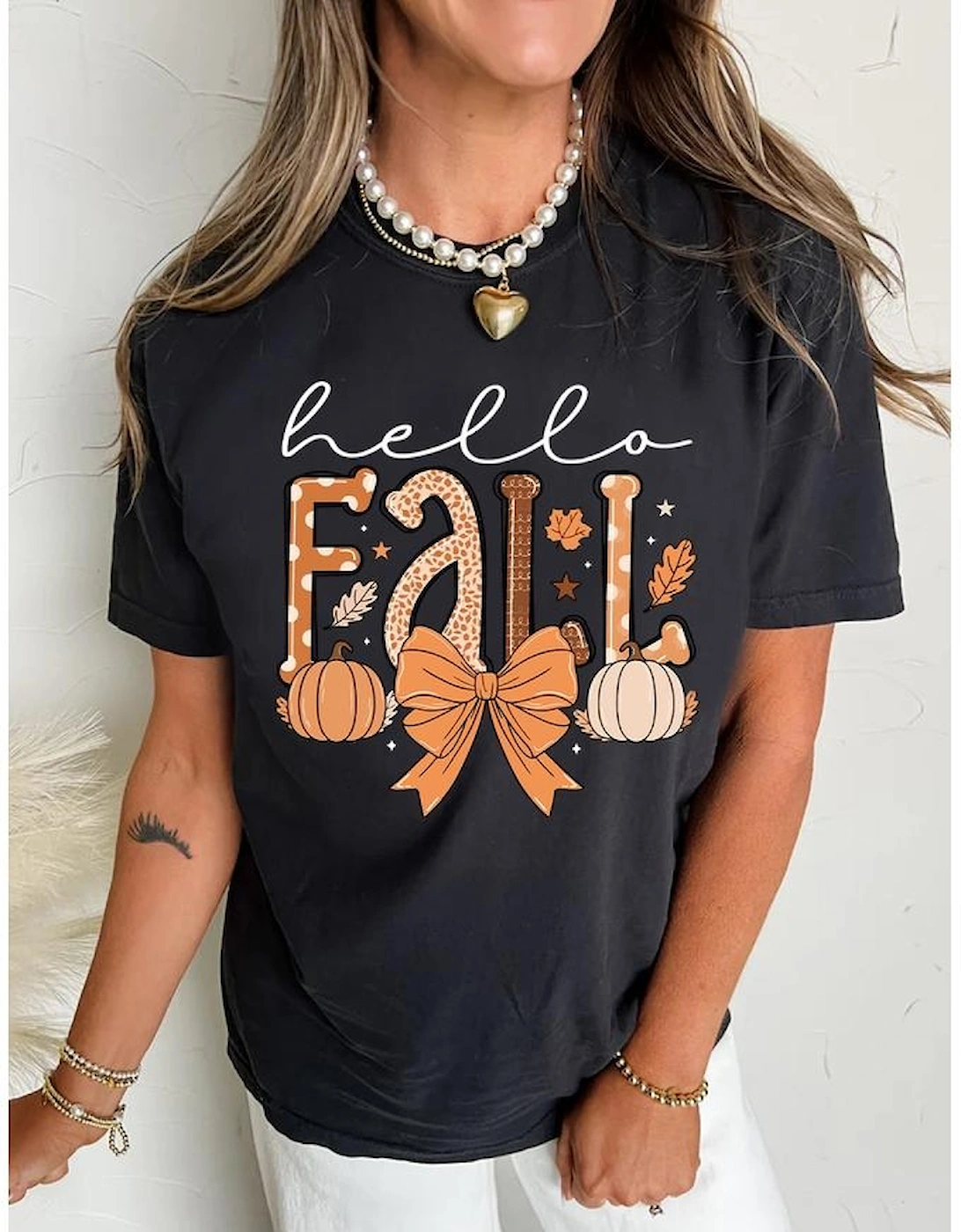Black Hello Fall Thanksgiving Bow Pumpkin Graphic Tee