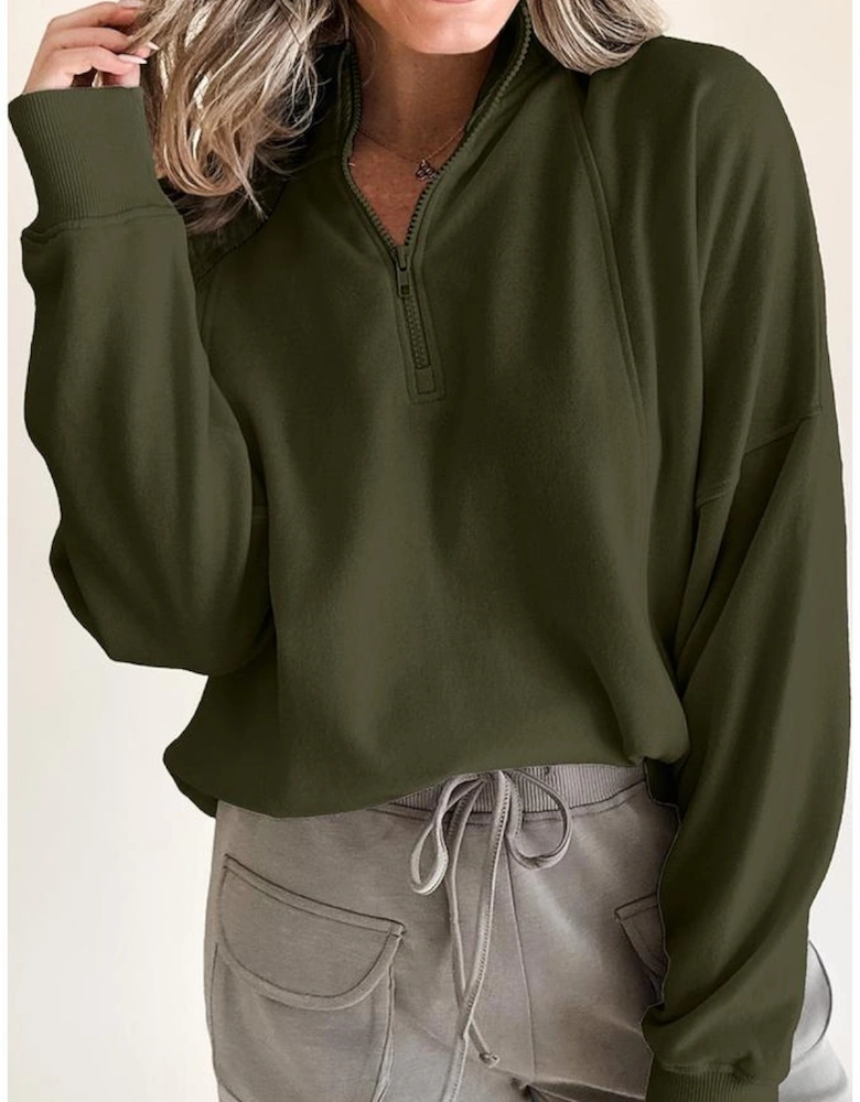 Jungle Green Zipped Neck Pullover Drop Shoulder Sweatshirt