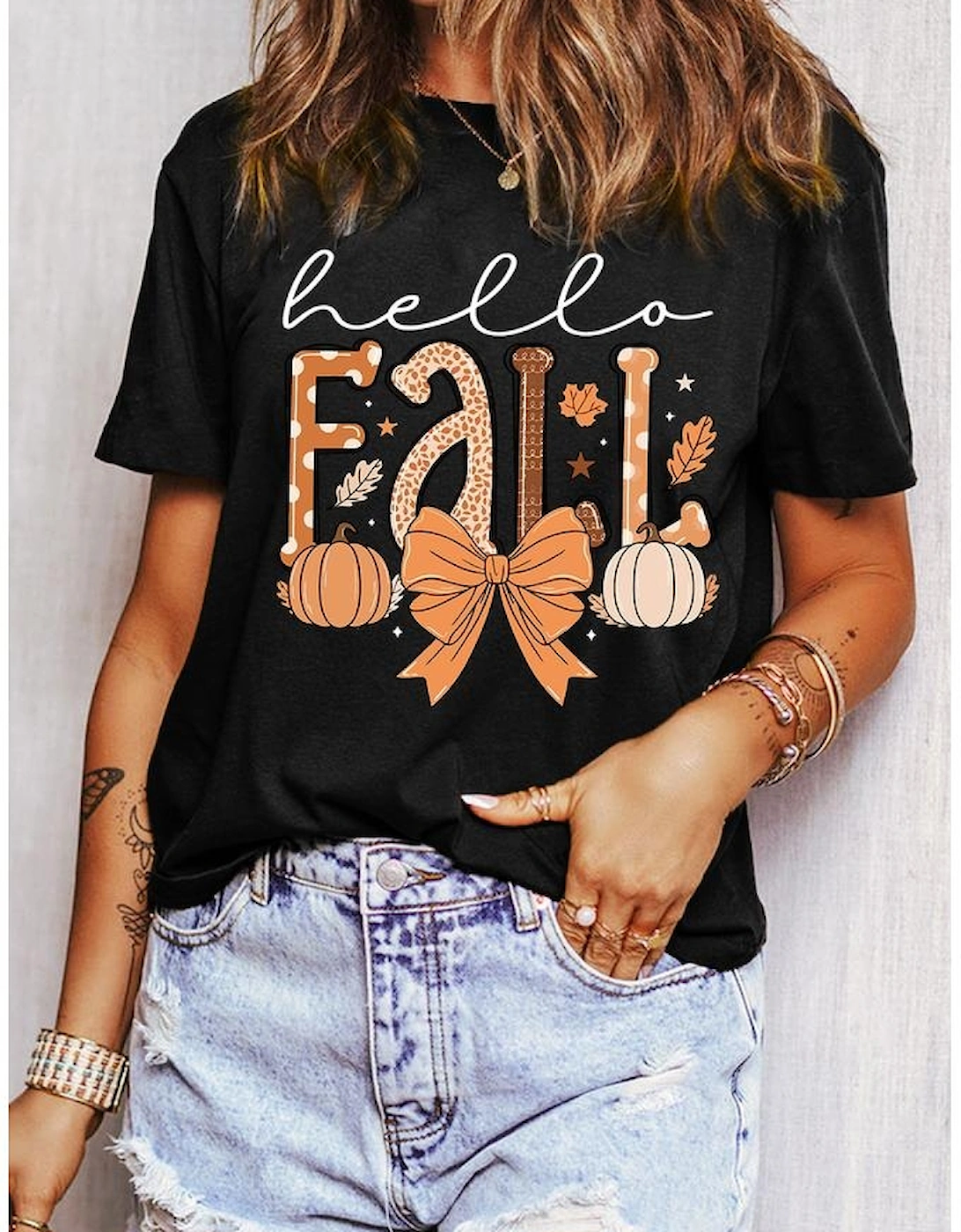 Black Hello Fall Thanksgiving Bow Pumpkin Graphic Tee