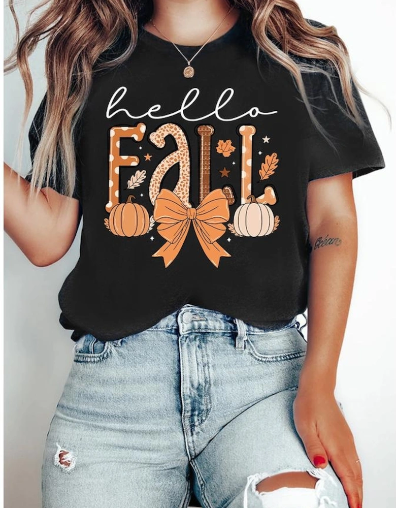 Black Hello Fall Thanksgiving Bow Pumpkin Graphic Tee