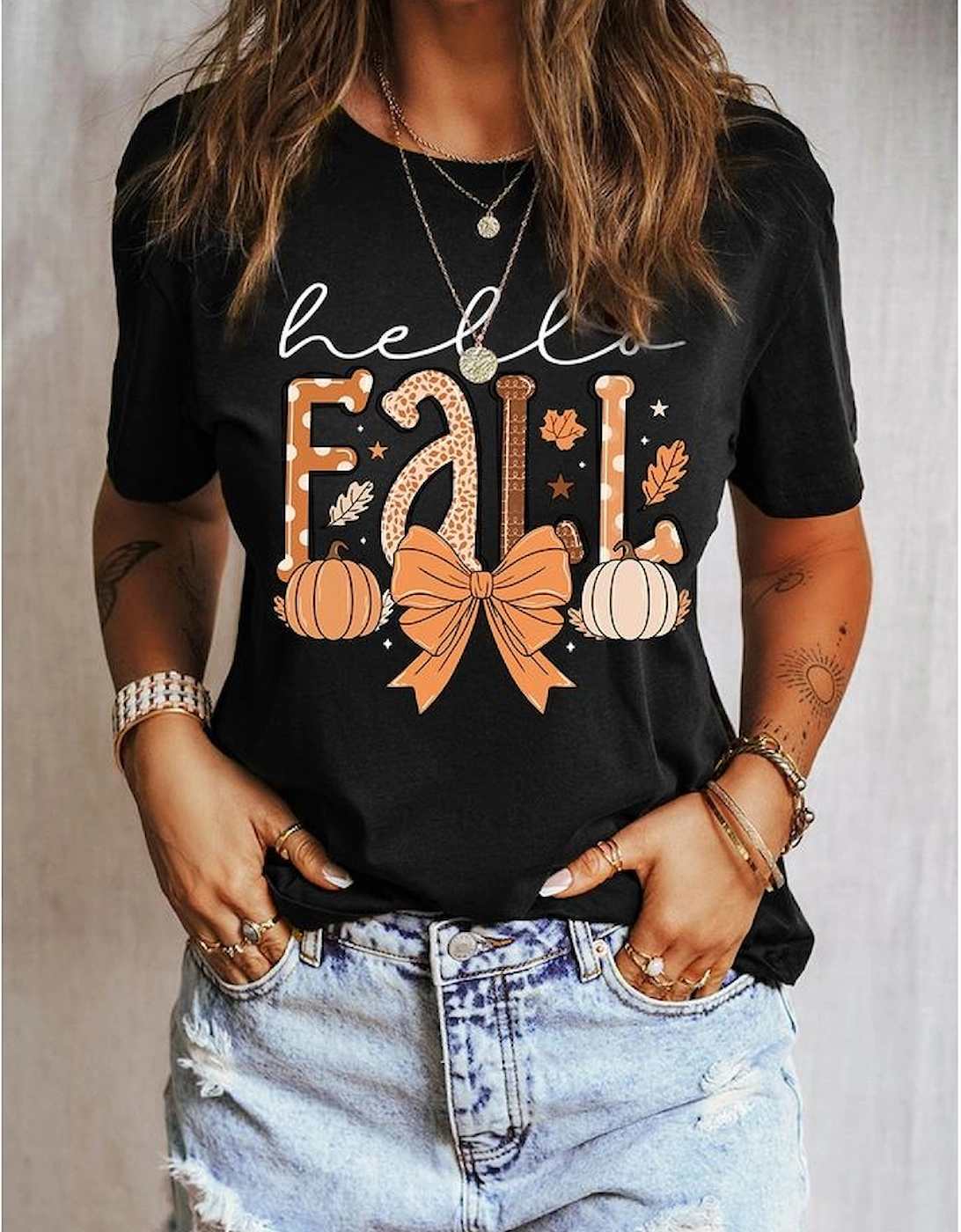 Black Hello Fall Thanksgiving Bow Pumpkin Graphic Tee