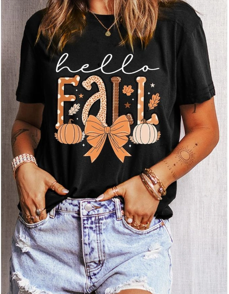 Black Hello Fall Thanksgiving Bow Pumpkin Graphic Tee
