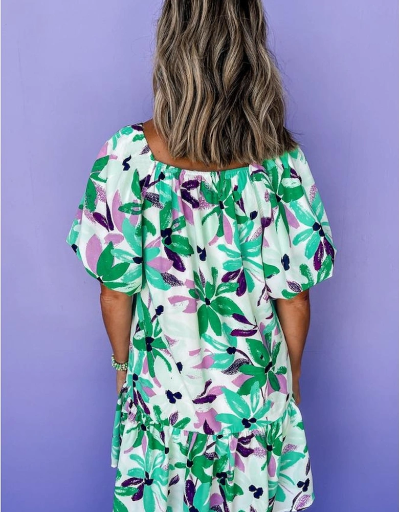 Green Floral Print Shirred Square Neck Loose Fit Mini Dress