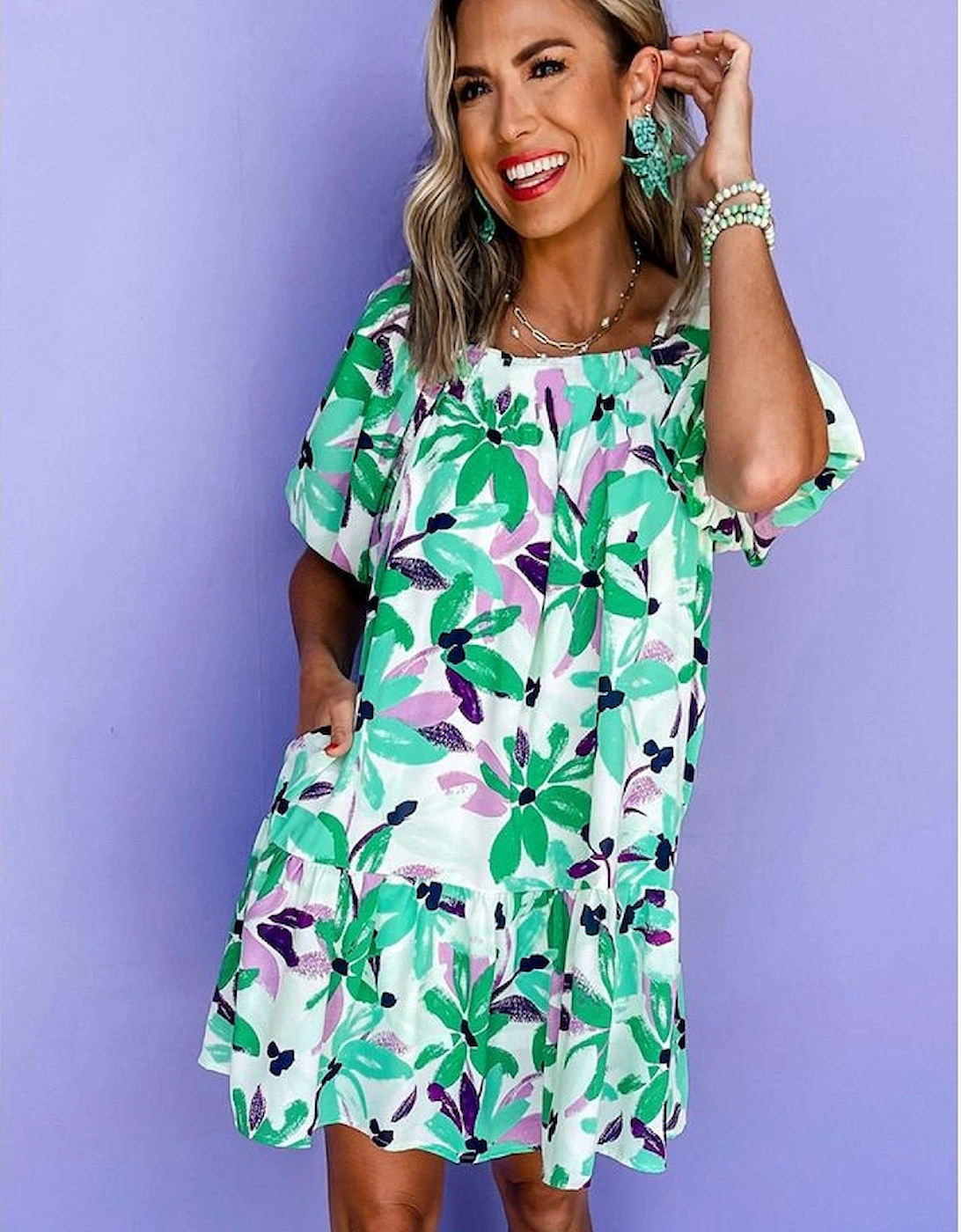 Green Floral Print Shirred Square Neck Loose Fit Mini Dress