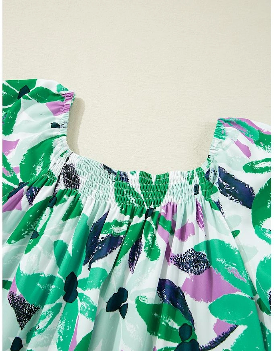 Green Floral Print Shirred Square Neck Loose Fit Mini Dress