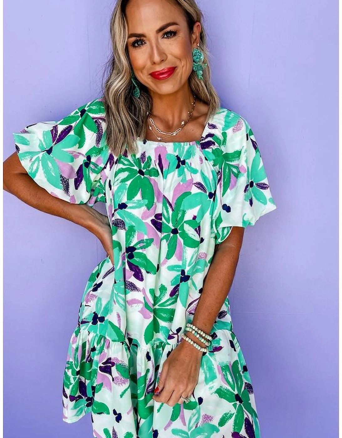 Green Floral Print Shirred Square Neck Loose Fit Mini Dress