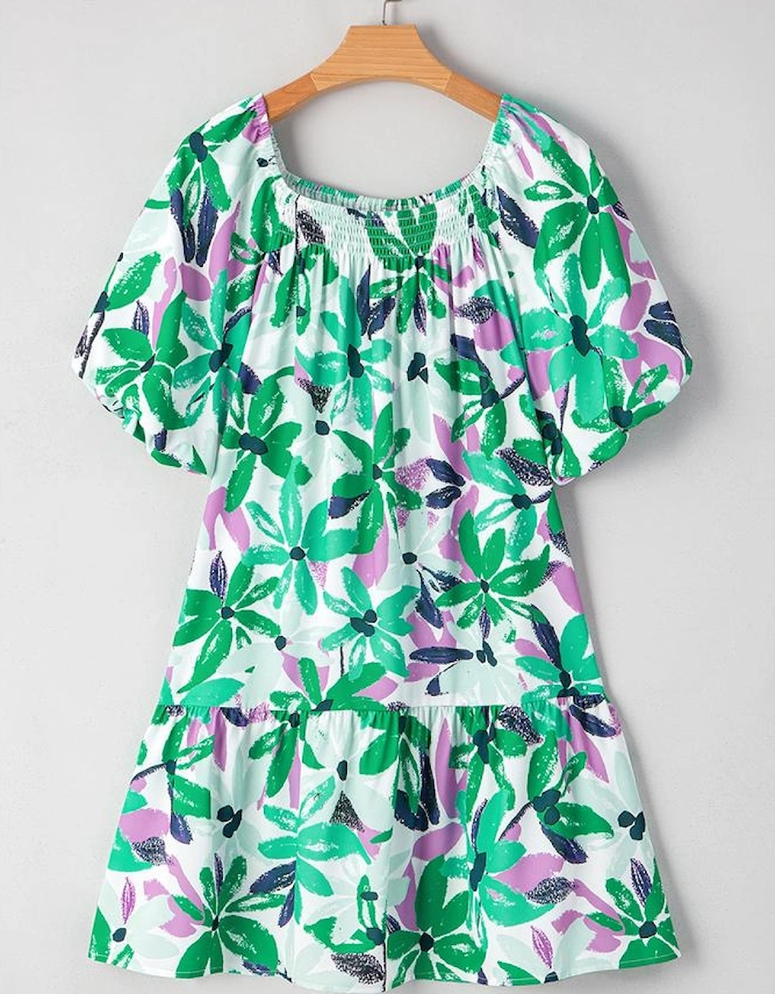 Green Floral Print Shirred Square Neck Loose Fit Mini Dress