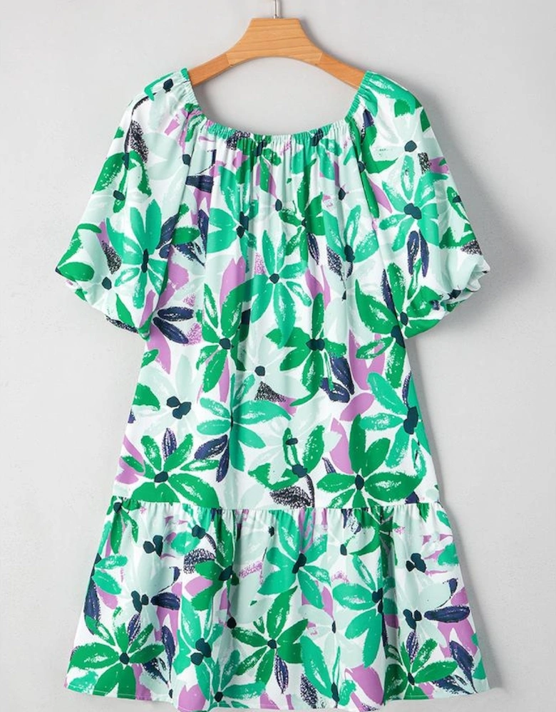 Green Floral Print Shirred Square Neck Loose Fit Mini Dress