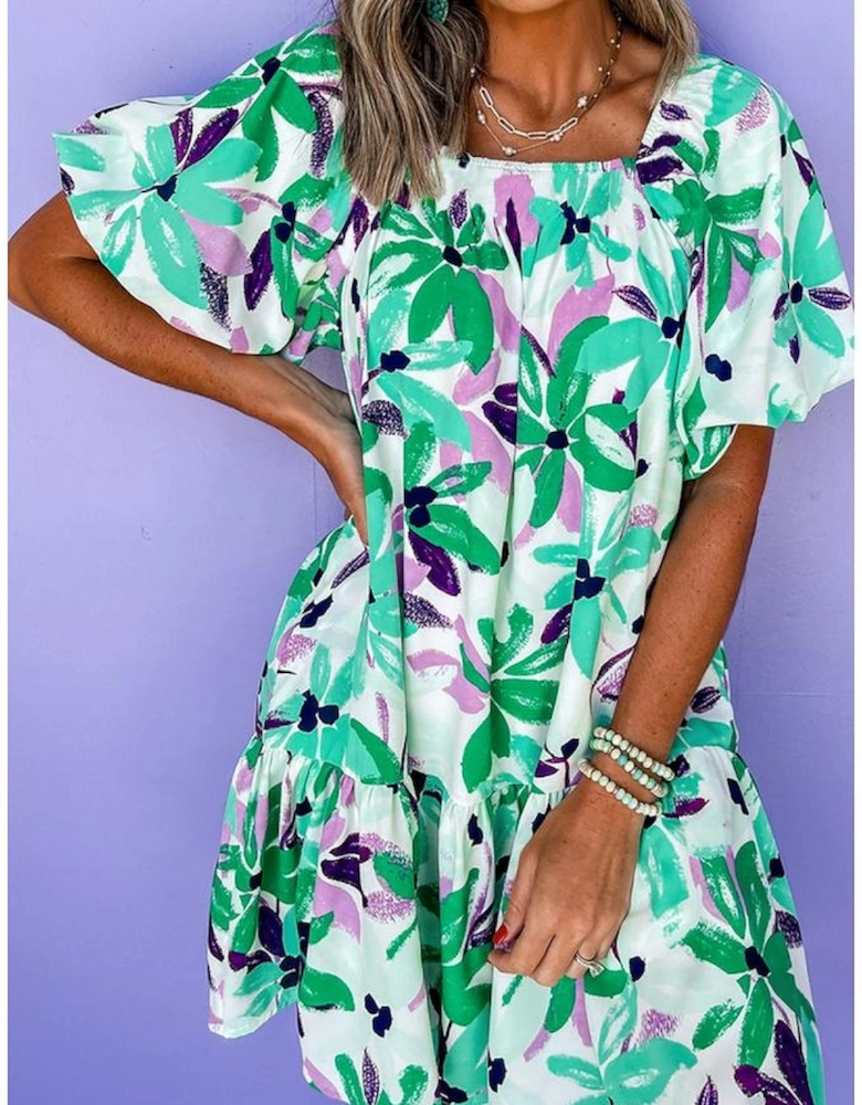 Green Floral Print Shirred Square Neck Loose Fit Mini Dress