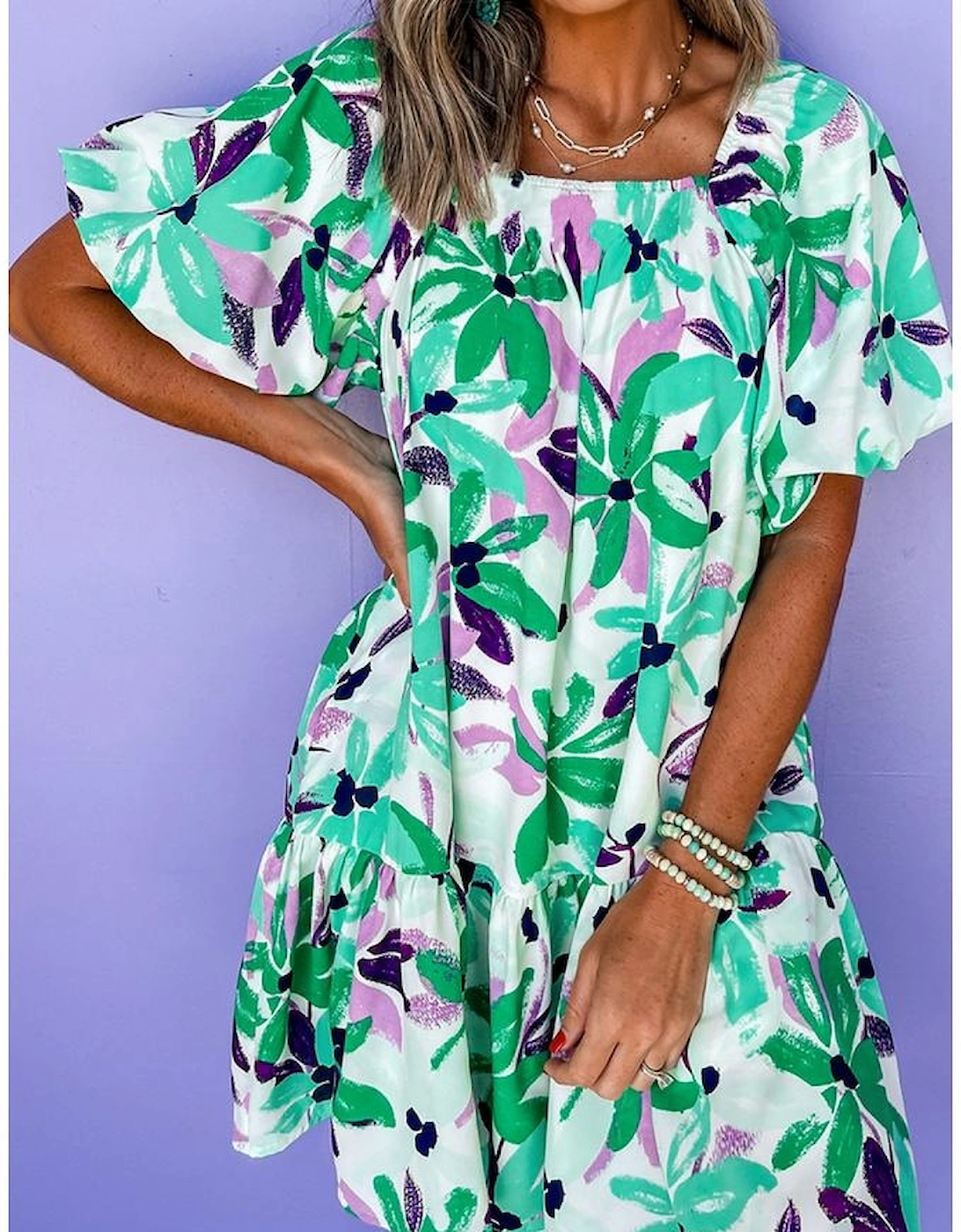 Green Floral Print Shirred Square Neck Loose Fit Mini Dress