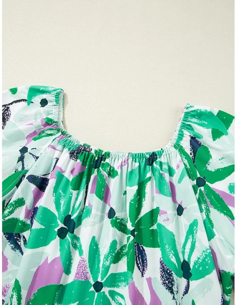 Green Floral Print Shirred Square Neck Loose Fit Mini Dress