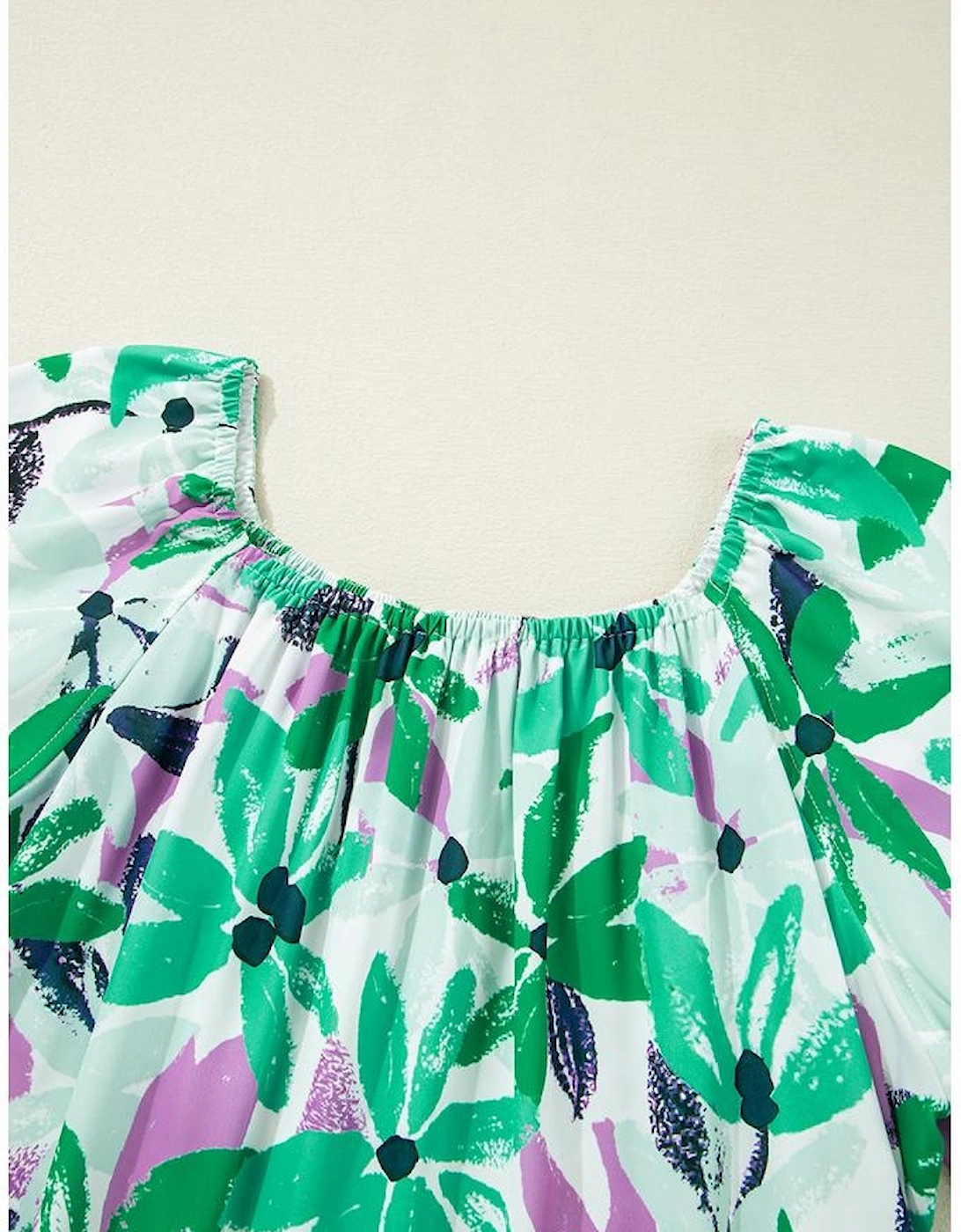 Green Floral Print Shirred Square Neck Loose Fit Mini Dress