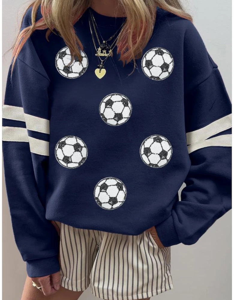 Navy Blue Soccer Football Sequin Patched Graphic Oversized Varsity Sweatshirt
