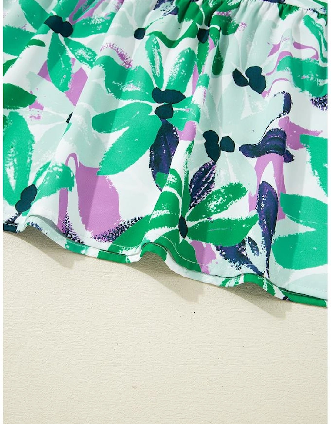 Green Floral Print Shirred Square Neck Loose Fit Mini Dress