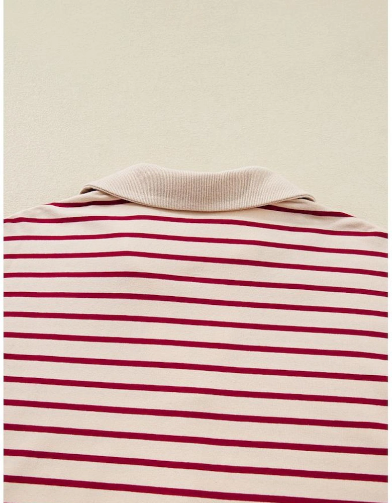 Red Stripe Cropped Collared Drop Shoulder Pullover and Bubble Mini Skirt Set