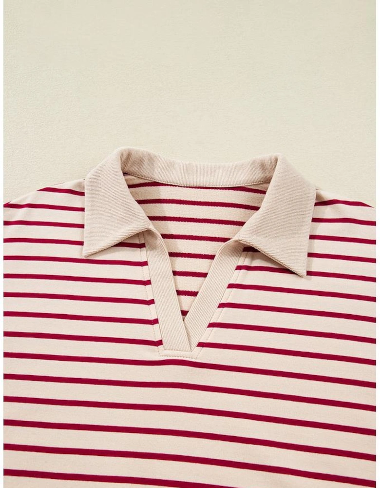 Red Stripe Cropped Collared Drop Shoulder Pullover and Bubble Mini Skirt Set