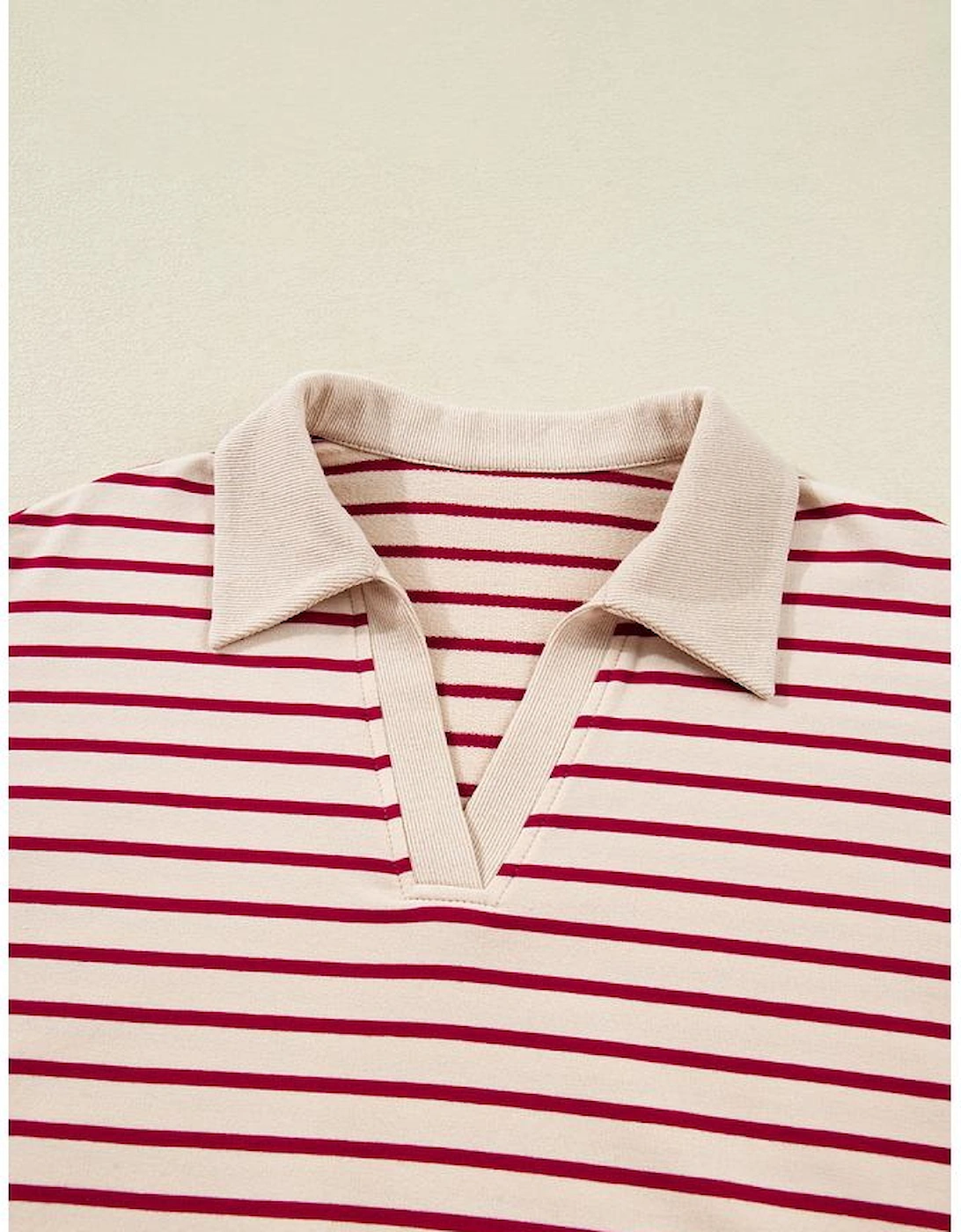 Red Stripe Cropped Collared Drop Shoulder Pullover and Bubble Mini Skirt Set