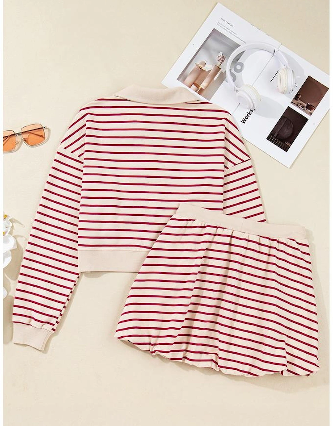 Red Stripe Cropped Collared Drop Shoulder Pullover and Bubble Mini Skirt Set
