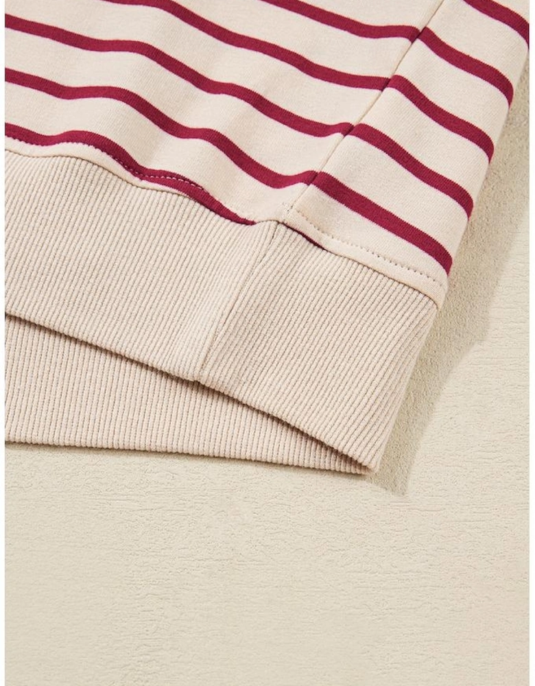 Red Stripe Cropped Collared Drop Shoulder Pullover and Bubble Mini Skirt Set