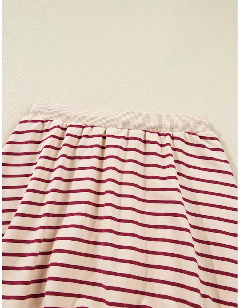Red Stripe Cropped Collared Drop Shoulder Pullover and Bubble Mini Skirt Set