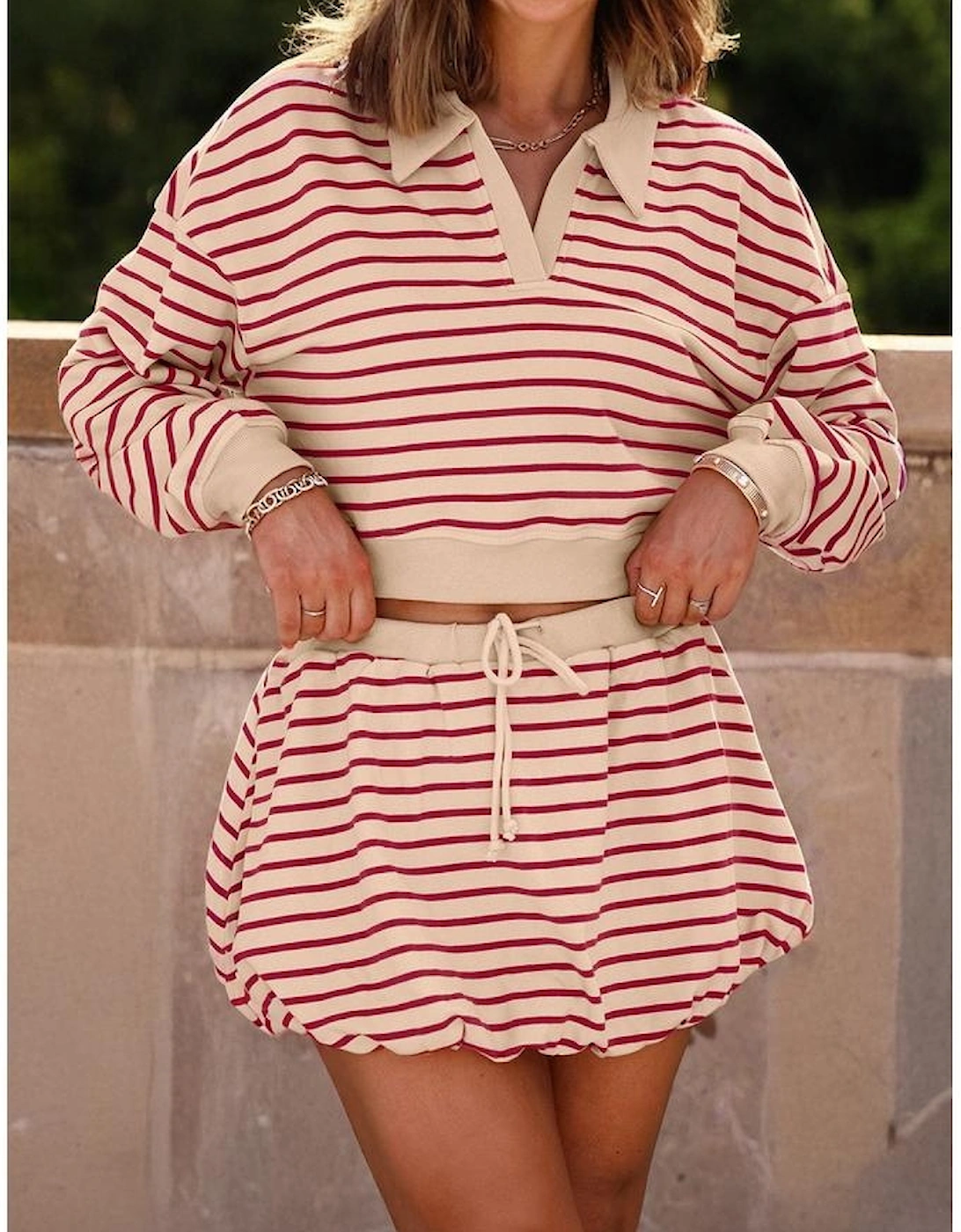 Red Stripe Cropped Collared Drop Shoulder Pullover and Bubble Mini Skirt Set