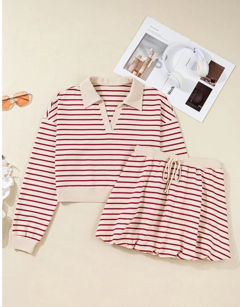 Red Stripe Cropped Collared Drop Shoulder Pullover and Bubble Mini Skirt Set