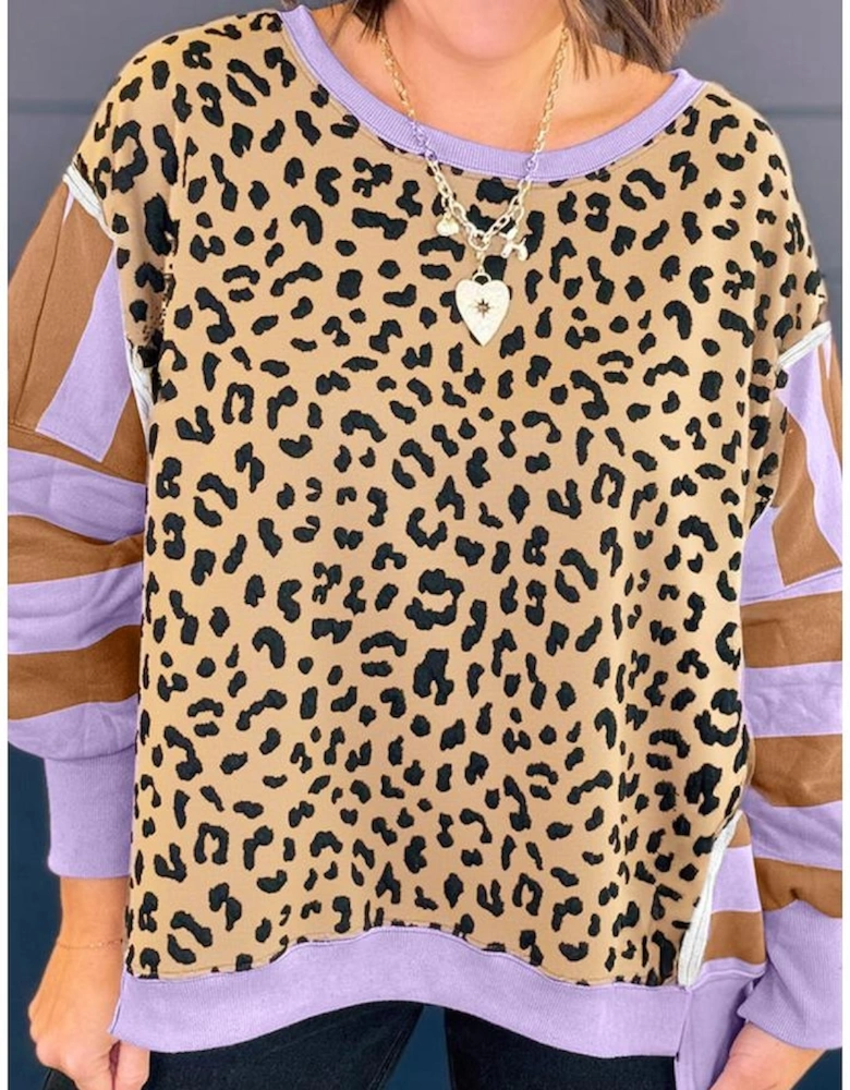 Purple Leopard Striped Patchwork Plus Size Loose Sweatshirt