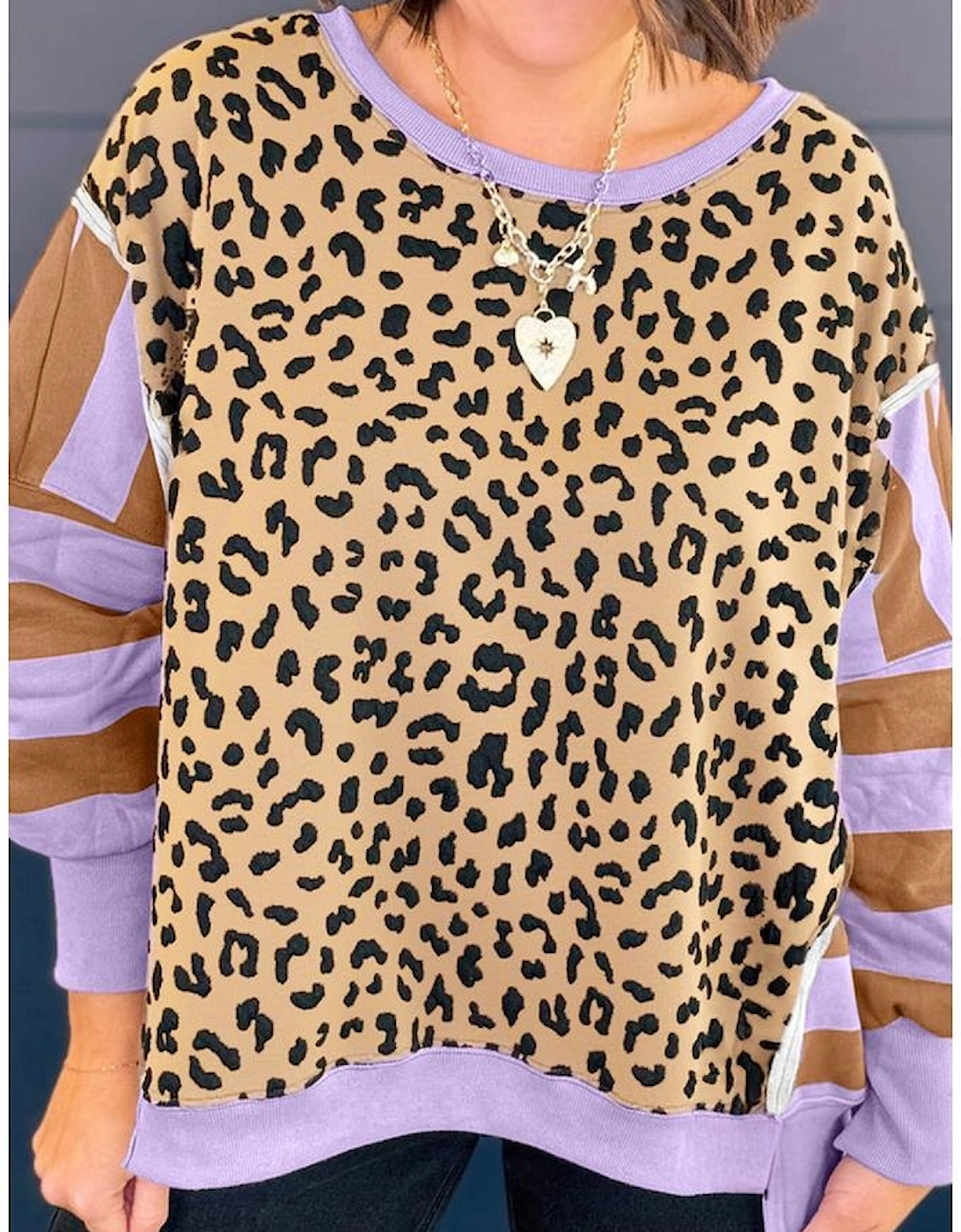 Purple Leopard Striped Patchwork Plus Size Loose Sweatshirt